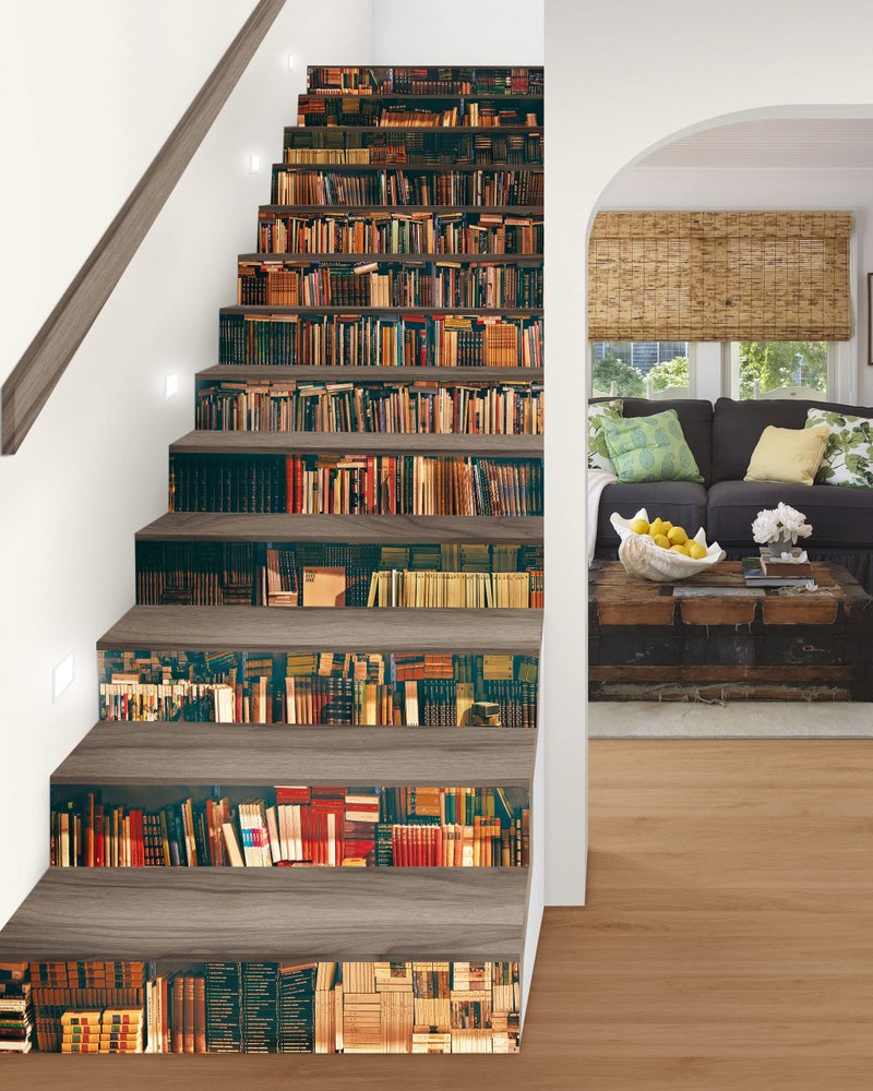 FLFK Stair Decals - Stair Stickers Decals Peel and Stick,Vintage Bookshelf Stair Risers Decals Self-Adhesive for Home Decor, 39.3" W x 7" H x 13Pcs - Image 1